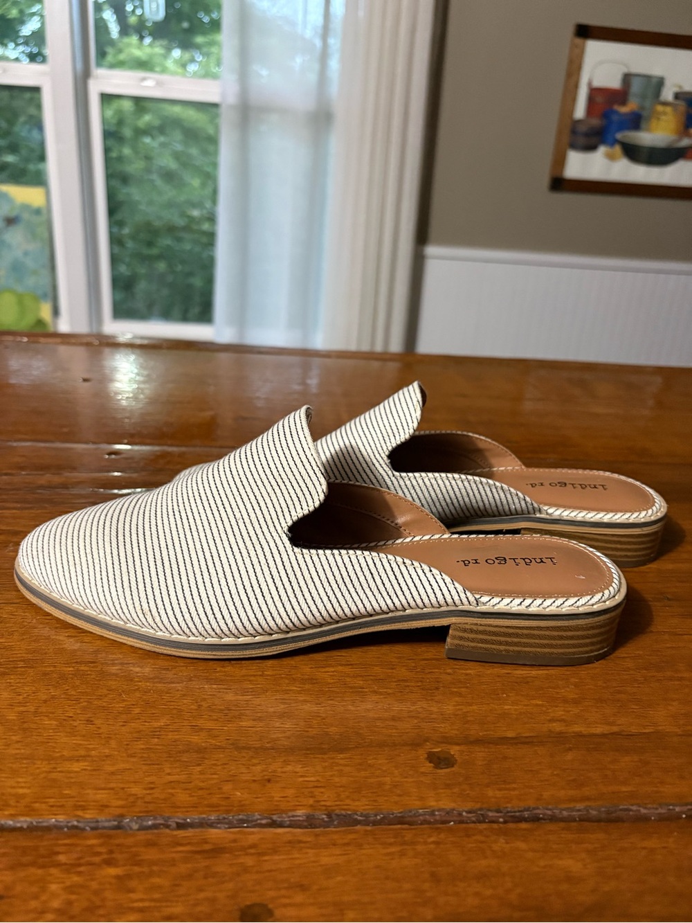 Indigo Cream and Black Pinstripe Slip-On Mules